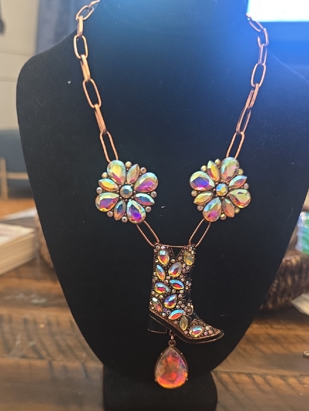 Iridescent Floral Boot Pendant Necklace - Women Jewelry
